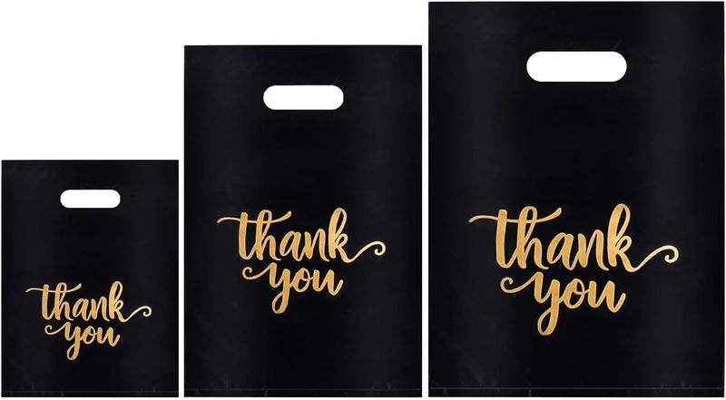 Heran 200PCS Thank You Bags with Handle Black Sale Bag for Small Business Clothes Boutique Gift, 3 Sizes Plastic Retail Grocery Shopping Bags, Reusable Goodie Bag Bulk for Store Party Favor Purchase - Image 1